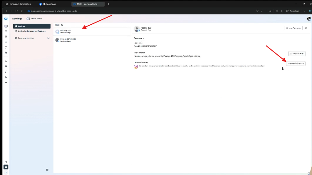 select the facebook page and click connect to instagram