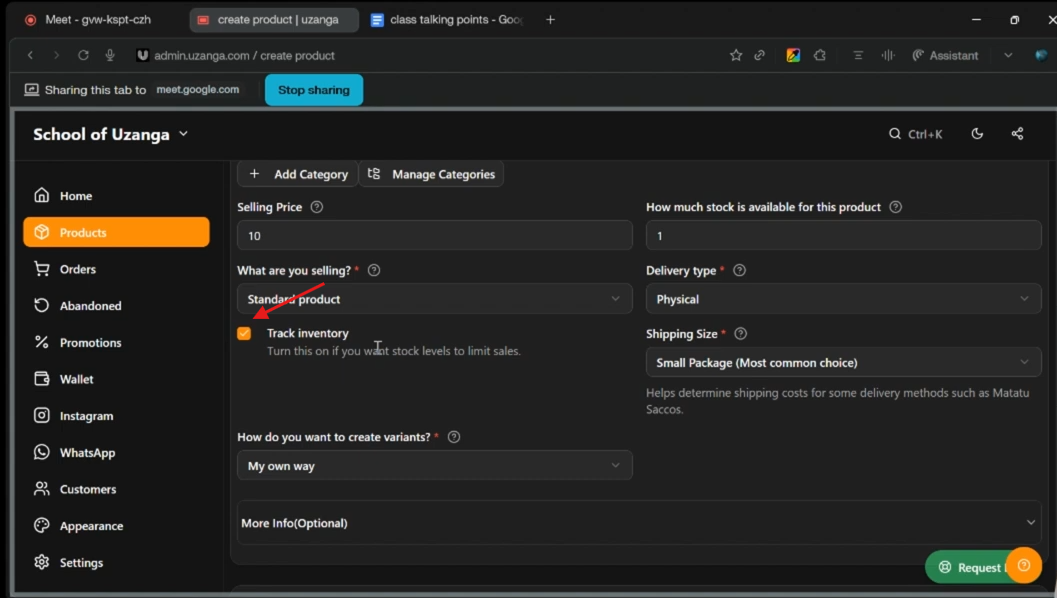 check the box to enable inventory tracking