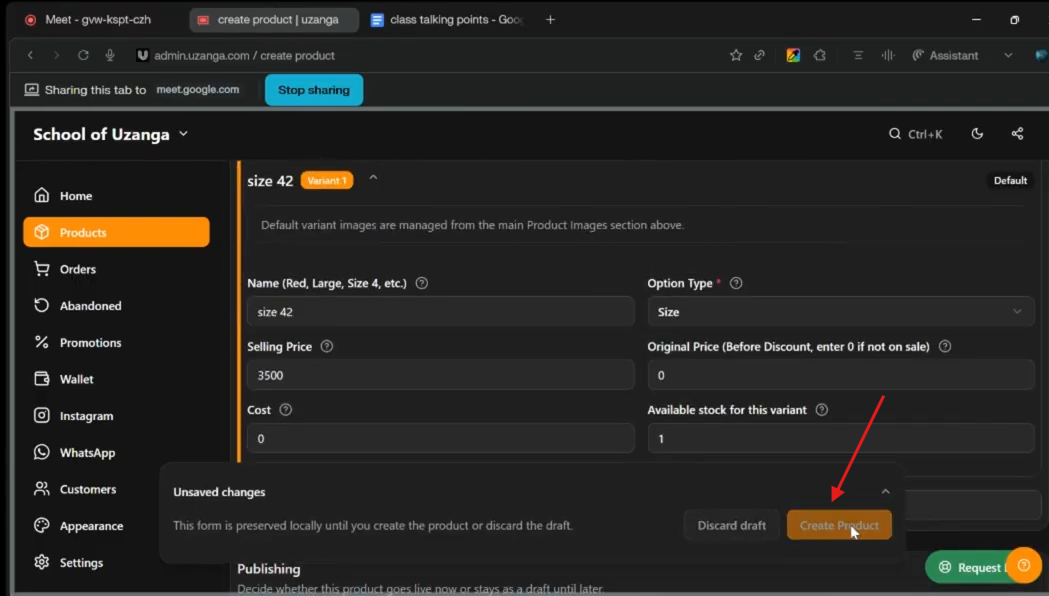 publishing/creating the product immediately 