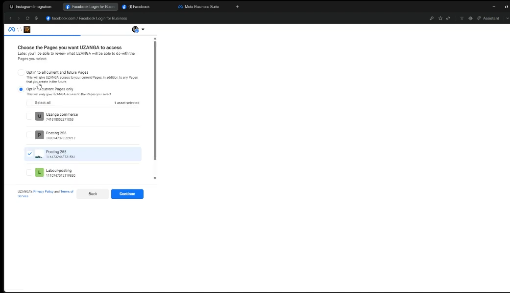 select facebook page to connect to uzanga