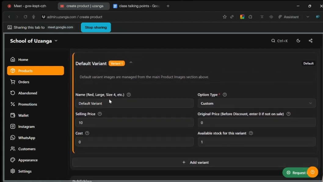 variant fields to fill when creating a product (1c)
