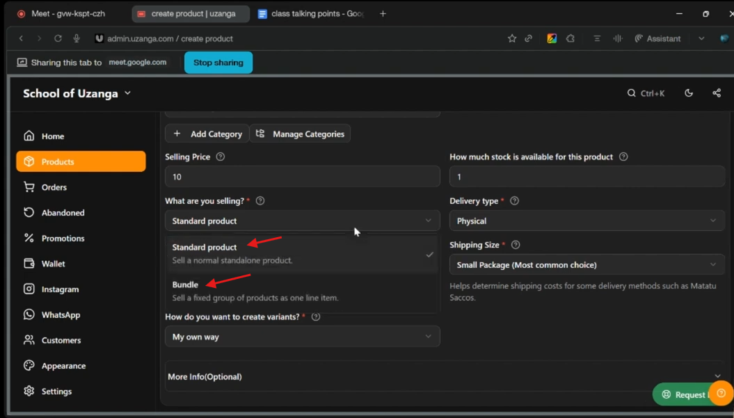 product vs bundle dropdown