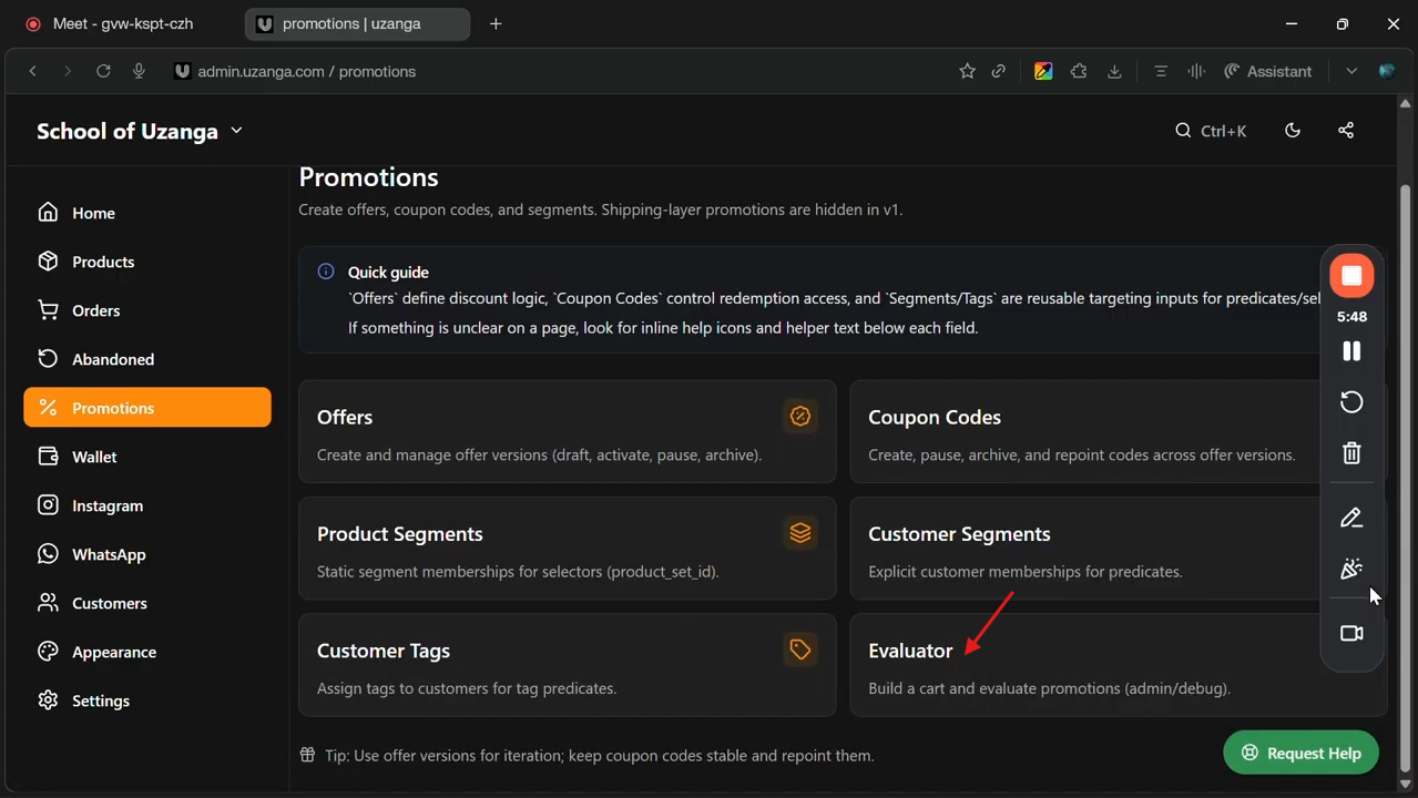 click evaluator to start testing the discount from merchant backend